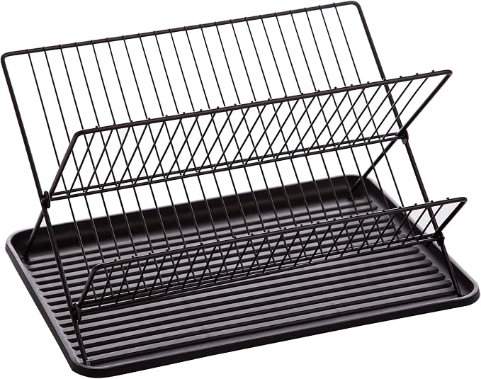 BINO 2-Tier Collapsible Dish Rack with Tray - Matte Black | Dish Drainer Kitchen Plate | Holders for Cups & Plates | Foldable Rack for Kitchen Countertop | Storage and Organization by BINO