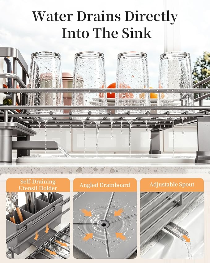 SAYZH Expandable Dish Drying Rack for Kitchen Counter, Metal, Grey | Foldable Over Sink, Large Capacity, Rust-Resistant, Adjustable for Most Sinks, Automatic Drainage, Removable Utensil Holder - Image 5