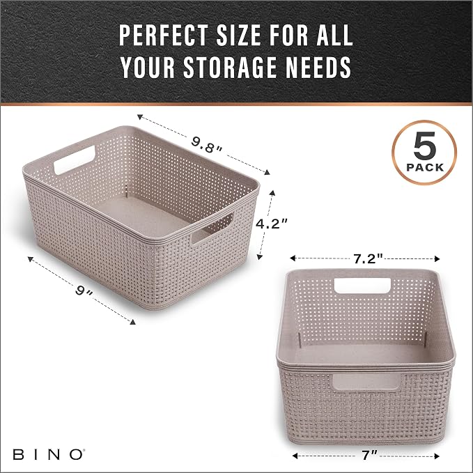 BINO | Woven Plastic Basket | Small (Natural Grey), 5-Pack | THE JUTE COLLECTION | Home Organization, Space - Saving Storage, Stylish Design | Jute Basket | Plastic Storage Basket - Image 3