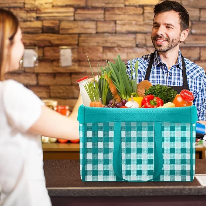 Reusable Grocery Shopping Bags 10 Pack Large Foldable Tote Bags Bulk | Eco Produce Bags with Long Handle for Shopping Groceries Clothes (Plaid C) - Image 3