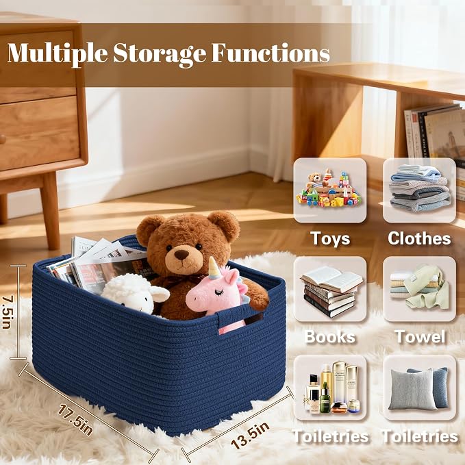 4 Pack Large Storage Basket for Organizing, 17.5"x13"x7" Woven Basket for Shelves, Closet Cube Storage Bins with Wrapped Handle, Cotton Rope Baskets for Kitchen, Clothes, Toys(Navy Blue) - Image 2