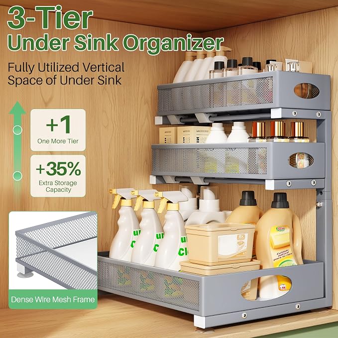 Kitstorack Under Sink Organizer 3-Tier Slide Out Drawer 1-Pack Grey | Height Adjustable, Metal Mesh Storage Rack, Pull out Cabinet Organizer Shelf for Bathroom Kitchen Pantry Home Organization - Image 3