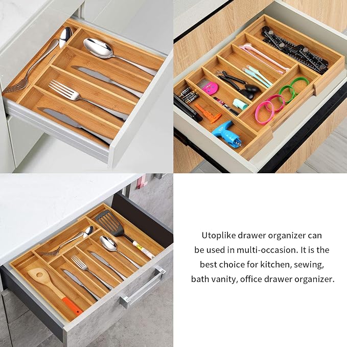 Utoplike Bamboo Cutlery Silverware Tray, Drawer Organizer Kitchen Utensils | Small Drawer Dividers for Flatware Tray Drawer Insert for knives, Gadgets and Garage Tools, Office Supplies, 5-7 Slots - Image 6