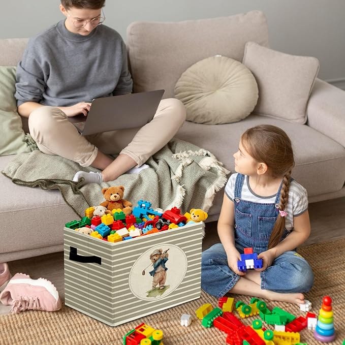 Rustic Bear Golf Storage Bins Boxes with Handles | toys books clothes, grey striped nursery foldable basket for organizing bedroom toddler room playroom - Image 4