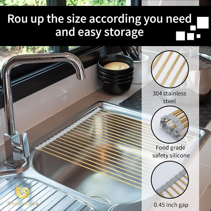 Snailhouse Gold Roll-Up Dish Drying Rack for Kitchen, Stainless Steel, Over Sink, Foldable - Image 3