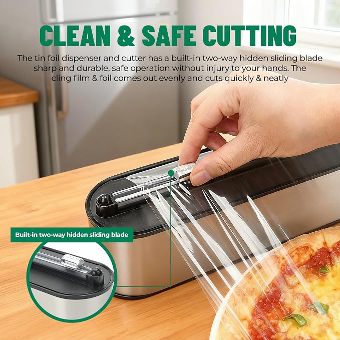 Stainless Steel & Plastic Wrap Dispenser with Cutter, Magnetic No-Drill Wall Mount Aluminum Foil Holder with Slide Cutter, for Cabinets, Space-Saving Kitchen Organizer (Silvery-Stainless Steel) - Image 6
