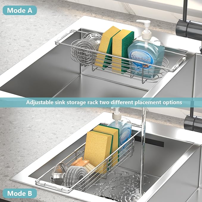 Sink Caddy Sponge Holder Kitchen Sink Organizer Expandable 13.4" to 17.1" | 304 Stainless Steel Telescopic sink organizer rack for kitchen - Image 5
