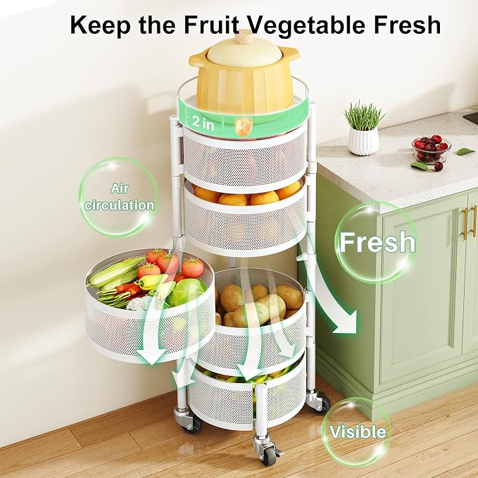 SAYZH 5 Tier Fruit Vegetable Basket Stand for Kitchen, Rotating, White | Rolling Storage Cart with top lid, Large Metal Wire Rack for Potato and Onion Storage - Image 3