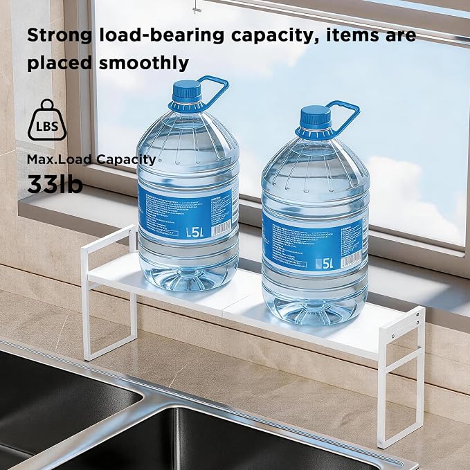 Expandable Narrow Shelf Organizer with 2-Level Adjustable Height | White, Tall Countertop Organizer for Tight Spaces, Windowsill Plant Stand, Over-Sink/Faucet Shelf, Kitchen Counter Storage - Image 8