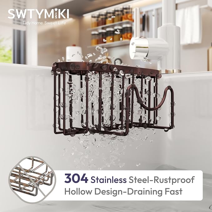 SWTYMIKI Sponge Holder for Kitchen Sink - Movable Kitchen Sink Caddy with M Shape Hook, Stainless Steel Hanging Sponge Caddy for Dish Sponge, Brush, Stopper Organizer in Double Bowl Sink, Bronze - Image 6