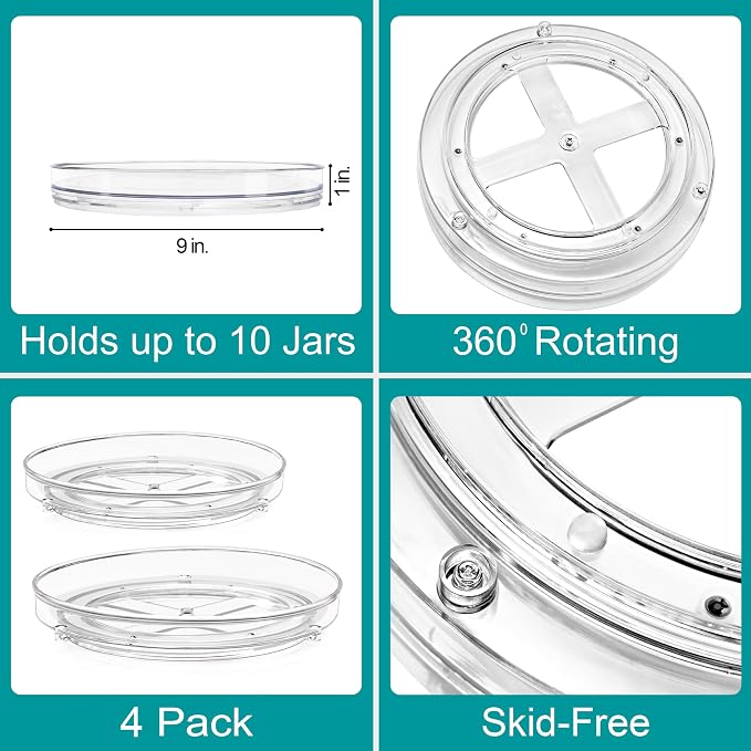 Sorbus 9 Inch Flat Clear Lazy Susan Organizer, Turntable Organizer for Spice Organization for Cabinet, Lazy Susan Turntable for Kitchen, Home, Office, Closet, Laundry Room Organization (4-Pack) - Image 2