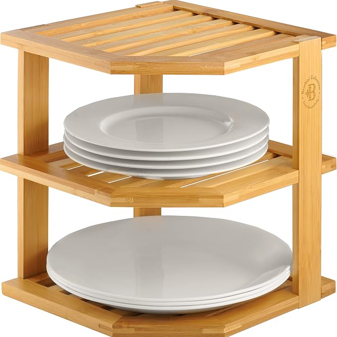 Bambüsi Kitchen Cabinet Organizer, Corner Plate Organizer for Cabinet | 3-Tier Bamboo Corner Shelf Rack, Holds Plates Bowls Mugs Cups, Space Saving Dish Storage Organization, Easy Assembly by Bamb%C3%BCsi
