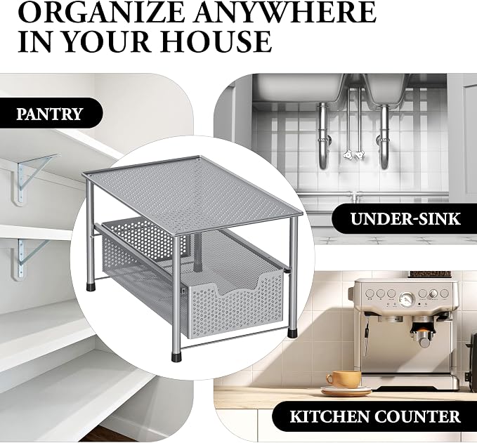 Simple Houseware Stackable Under Sink Sliding Basket Drawer, Silver | Perforated Free Standing Organizer, Kitchen/Pantry/Cabinet/Counter - Image 8