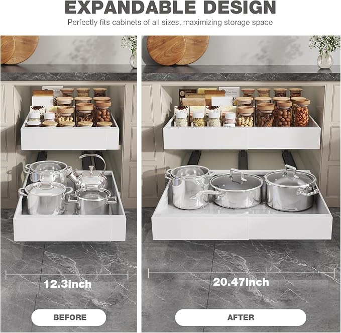 Seinloes 2 Pack Pull Out Cabinet Organizer 18" Deep,Full Extension 3 Slide Rails Slide Out Drawers With Raising Pad for Framed Cabinets,Expandable Width (12.3"-20.5"),No Drill Roll Out shelf,White - Image 7