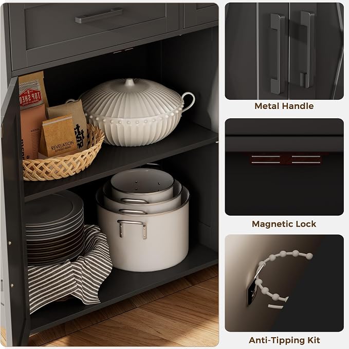 Homhedy Coffee Bar Storage Cabinet with Drawers, Kitchen Buffet Cabinet | Sideboard Cabinet with Doors, Farmhouse Buffet Cabinet, Adjustable Shelves, for Kitchen / Dining / Living Room, Black - Image 6