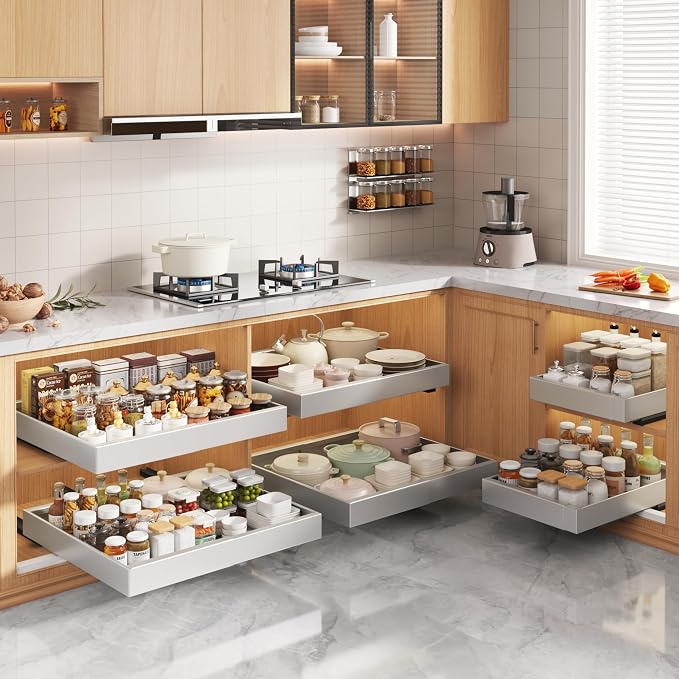 Seinloes 2 Pack Pull Out Cabinet Organizers 21"Deep with Raising Pad for Framed Cabinets,Expandable Slide Out Drawers Upgrade 3 Slide Rails,Roll Out Shelves Adhesive,Adjustable Width 12"-20.45" Silver - Image 7