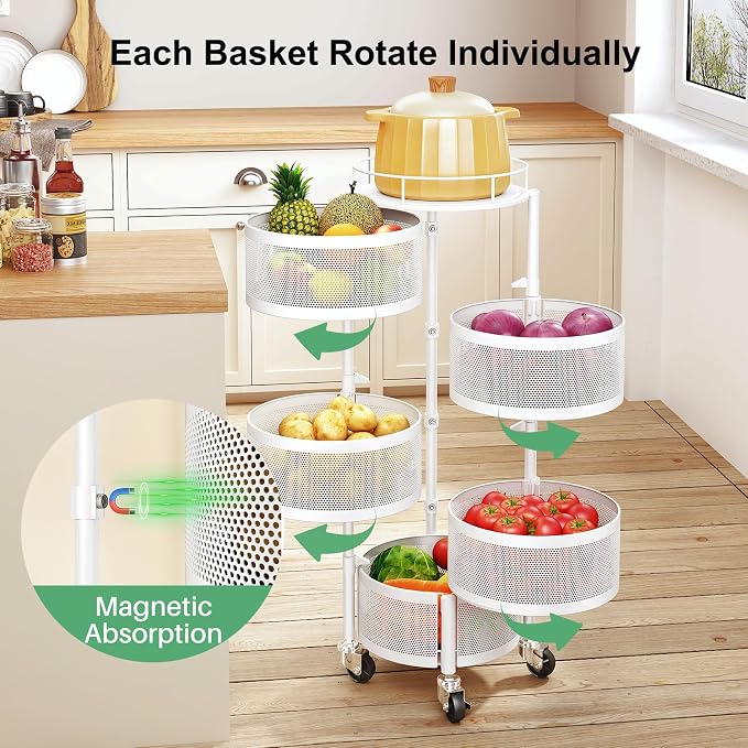 SAYZH 5 Tier Fruit Vegetable Basket Stand for Kitchen, Rotating, White | Rolling Storage Cart with top lid, Large Metal Wire Rack for Potato and Onion Storage - Image 2