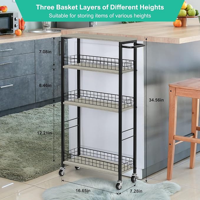 YBING Slim Storage Cart 4 Tier Narrow Rolling Cart, 7.3'' Wide | Mobile Kitchen Narrow Cart, Wooden Tabletop, With Handle, For laundry Living Room, Grey - Image 6