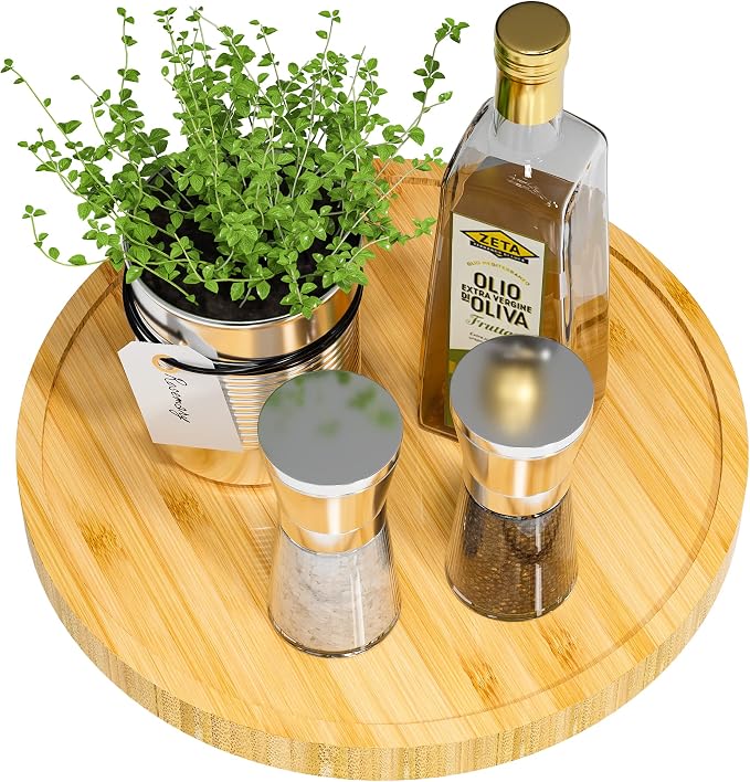 Lazy Susan Organizer, 10 Inch Non-Skid Bamboo Turntable Organizer | Salt Pepper Olive Oil and Spices Next to Stove, Wooden Lazy Susan for Table or Kitchen Countertop Organizer by VeyFey