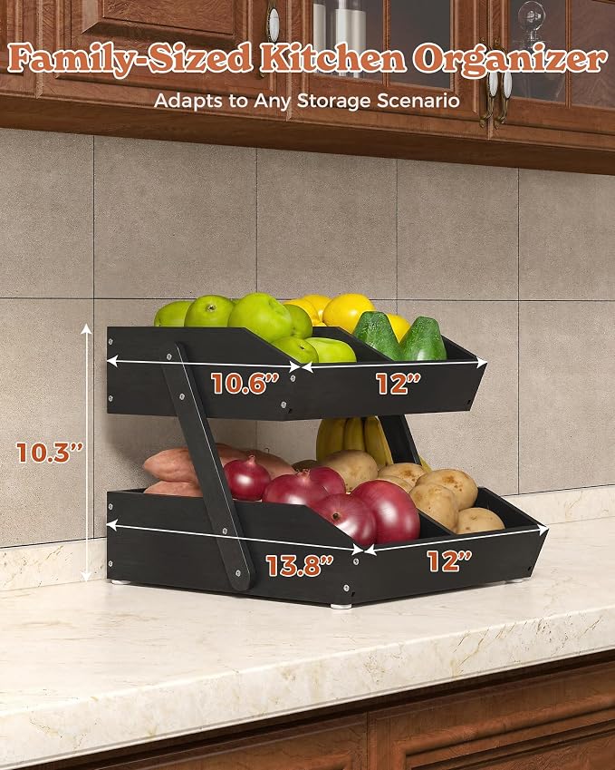 2-Tier Bamboo Fruit Basket with 2 Banana Holders Black | Large tiered organizer for bread, snacks, veggies. Sturdy bamboo, includes mats & dividers. Easy to assemble. - Image 9