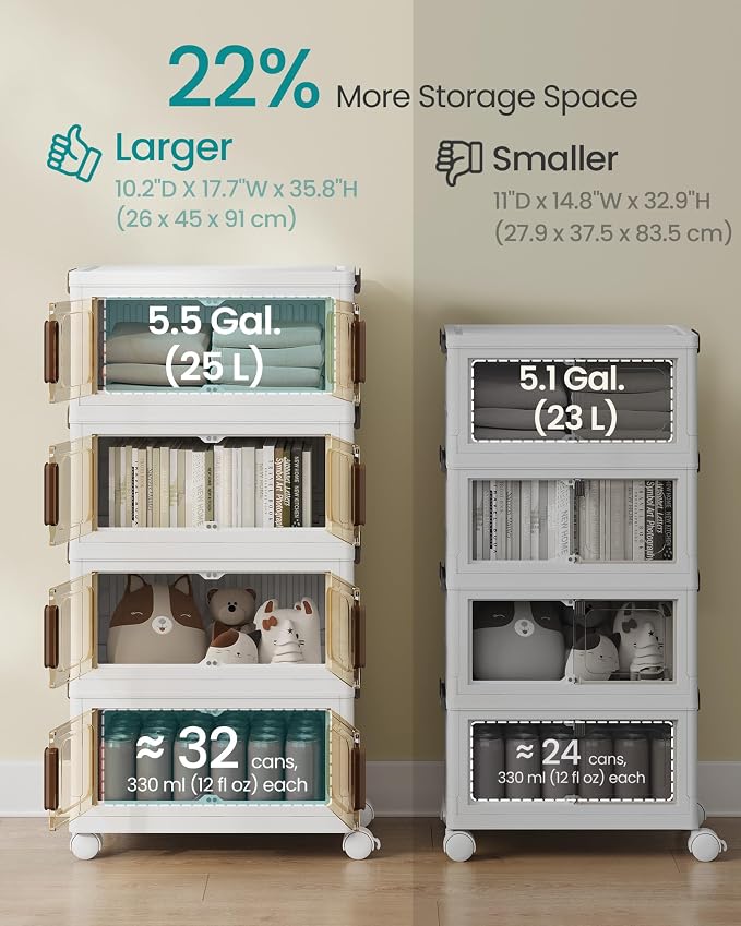 SONGMICS 26QT stackable storage bins with 1 Lid, 4-Tier Foldable Bins | Collapsible Cabinet, PP Plastic, Magnetic Doors and wheels, 17.7 x 10.2 x 35.8 inch, White, DENNYS Collection URLB445WZ01 - Image 3