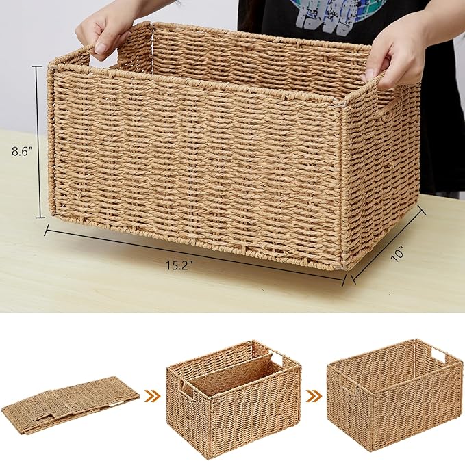Wicker Storage Basket, Set of 2 Hand-Woven Paper Rope Wicker Basket, Small Storage Baskets for Organizing Toilet Paper Basket, Foldable Large Cube Storage Organizer Bins for Shelves (Natural) - Image 2