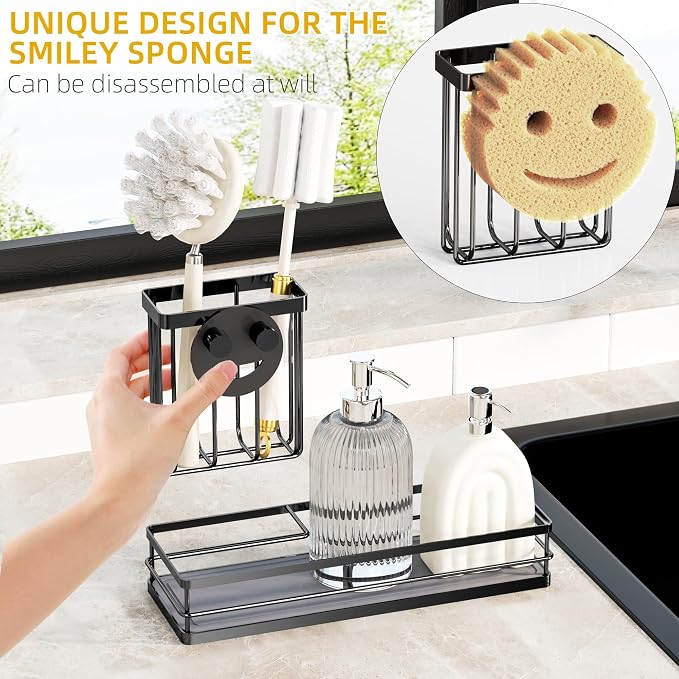 galasily Sink Caddy Organizer with Water Absorbing Stone Tray, Instant Dry Sponge Holder Smiley Face, Dish Brush Holder for Countertop, Kitchen Storage Accessories and Organization Essentials (Black) - Image 4
