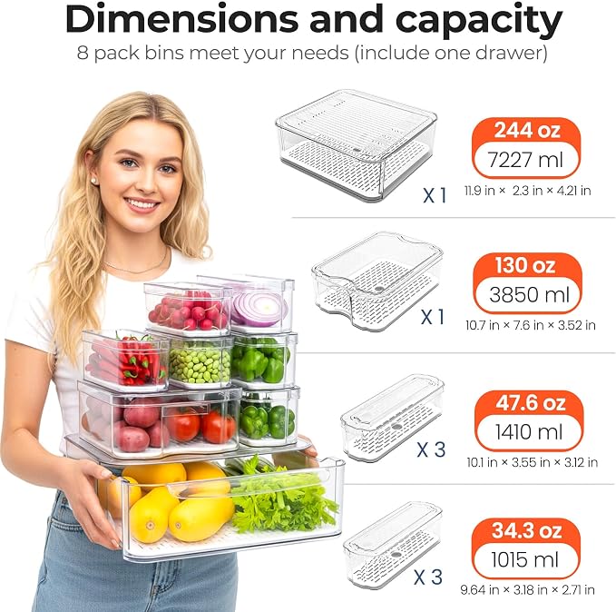 SMRCAD Clear Fridge Bins with Drain Trays - BPA-Free PET, Stackable(8 Pack) | 8 Pack: 1 Drawer + 7 lidded Bins, Helps Keep Produce Fresh, 18.3L Capacity, Hand Wash Only - Image 3