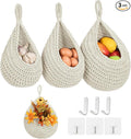 Boho Wall Hanging Fruit Baskets for Kitchen 3 Pack Woven Produce Holder with 6 Pcs Strong Hooks Vegetable Hanging Basket for Organizing Teardrop Home Wall Potato Onion Storage, White by INJORAN