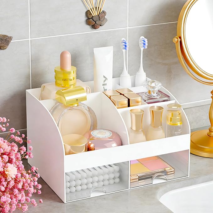 Makeup Organizer with 2 Drawers, Cosmetic Storage for Dresser Vanity and Bathroom Countertop,Make up organization and Skincare Storage with Beauty Brush Holder, Cosmetic Display Case 2Pcs White - Image 5