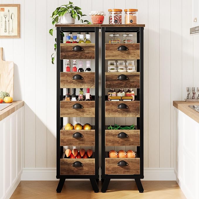 Tribesigns 5-Tier Narrow Kitchen Stand Fruit and Vegetable Storage Rack | Wood Corner Snack Stand Kitchen Stand Fruit Basket, Pull-Out Utility Organizer for Kitchen, Living Room, Rustic Brown - Image 5