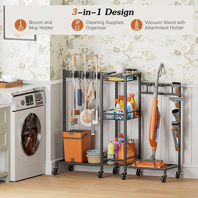Broom Holder with Cleaning Supplies Organizer, Broom Closet Storage Cabinet with Cleaning Caddy Vacuum Stand, Cleaning Cart with Mop Hanger Gripper Rack Hook, Laundry Room Organization Home Essentials - Image 2