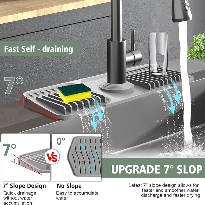 14.6-Inch Kitchen Sink Splash Guard Mat | 7° Slope for Fast Self-Draining | Snap-Lock Design | Universal & Cuttable Silicone Faucet Mat GRAY - Image 4