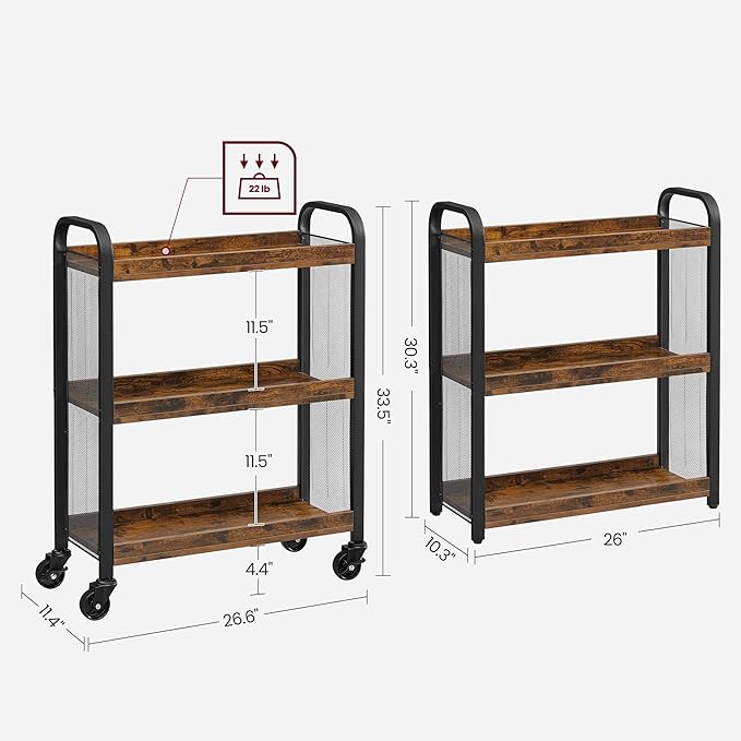 VASAGLE 3-Tier Narrow Storage Cart, Rolling Cart with Wheels, Steel Frame | Slim Storage Cart for Kitchen, Adjustable Feet, Traditional Basic Style, Rustic Brown and Black, DACEY Collection ULRC66BX - Image 5