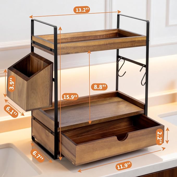 2-Tier Bathroom Counter Organizer, Acacia Wood Vanity Shelf with Drawer | Pre-Drilled Holes, Skincare & Makeup Countertop Organizer and storage, Acacia Dark Brown - Image 2