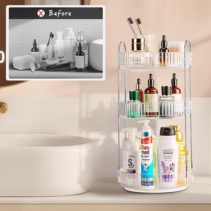 360 Rotating Makeup Organizer, 3 Tier Large Capacity Lazy Susan Bathroom Counter Organizer, Skincare Organizers, Spinning Perfume Organizer & Vanity Organizer Countertop (Silver Clear, 3 Tier) - Image 2