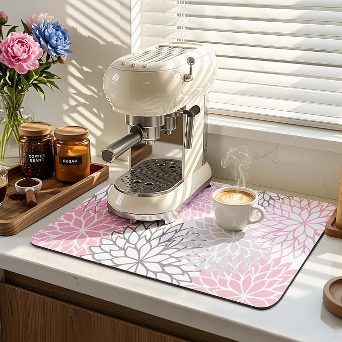 Findosom Dish Drying Mat, 12" x 20" Super Absorbent Dish Mat with Floral, Hide Stain Drying Mat for Kitchen Counter, Under Dish Rack, Coffee Maker, Espresso Machine, Pink - Image 6