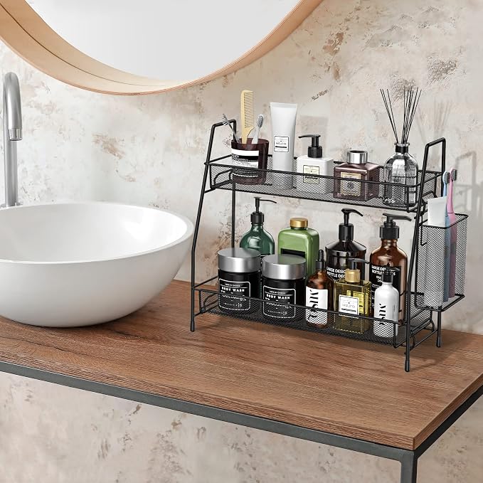 Bathroom Organizer Countertop, Spice Rack Organizer for Cabinet,Black | 2-Tier Bathroom Counter Organizer,Vanity Organizer Corner Shelf with Small Basket for Sink,Kitchen,Bedroom,Living room,Office - Image 3