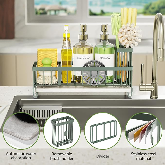 Cisily Extra Large Sink Caddy Organizer with Drying Stone, Sage Green Sponge Holder for Kitchen, Dish Brush Holder for Countertop, Kitchen Decor Storage and Essentials - Image 3