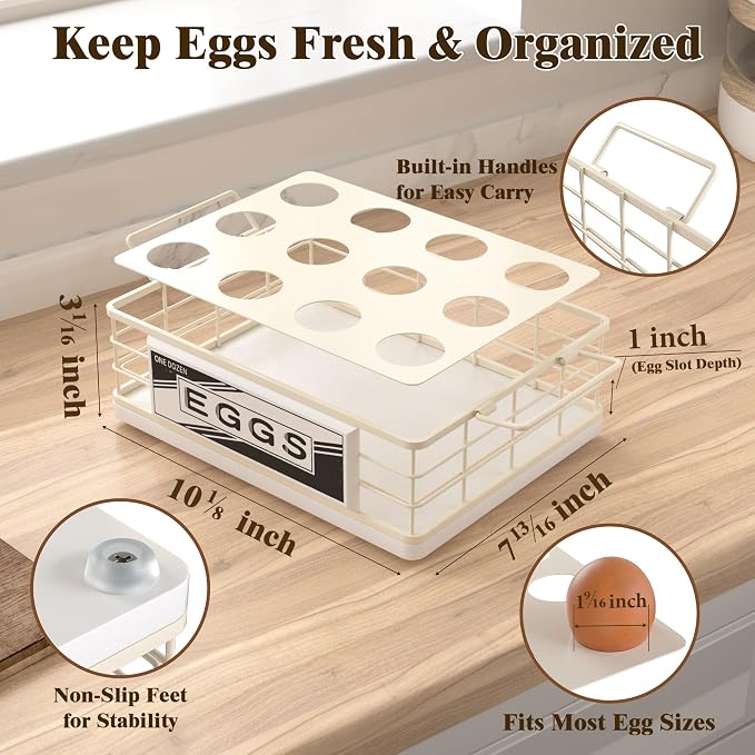 Farmhouse Egg Holder Countertop, Oak Wood & Metal Egg Basket with Handles | Stackable Rustic Egg Tray Organizer for Kitchen Counter, Holds 12 Eggs, Removable Divider for Fresh Egg Storage, White - Image 5