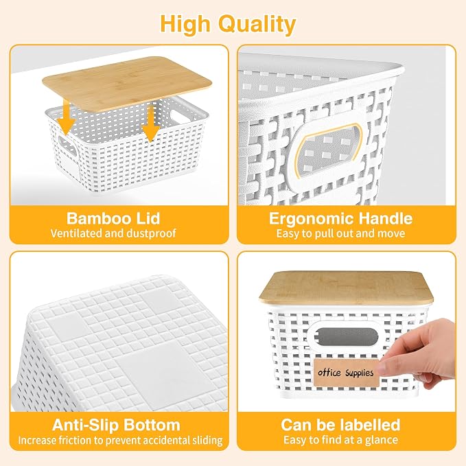 6 Pack Plastic Storage Baskets,White bamboo lid storage Box | Labels, Stackable, For Organizing Shelves Pantry Drawers Desktop Closets Organizing Desktop Closet Playroom Classroom - Image 7