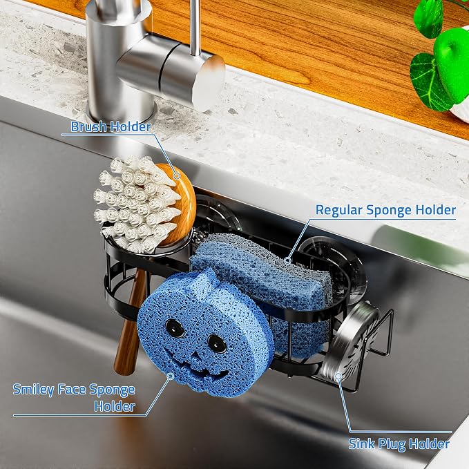 Cisily Sponge Holder Smiley Face, Sink Caddy for kitchen Sink, Kitchen Organizer Sponge Holder with 2 PCS Suction Cups and Adhesive Strips, Designed for Sponge, Soap, Dish brush, Scrubber-Black - Image 4