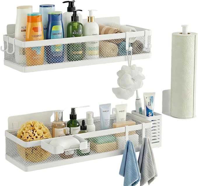 PUSDON 5-in-1 16.5" Extra Long Slim Wall Mount Wrapped Mesh Kitchen Organizer & Shower Caddy Kit, with Paper Towel Holder, Utensil Holder, Soap Dish, Holds 50LBS - White, Netting by PUSDON