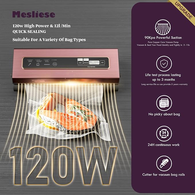 Mesliese 6in1 Vacuum Sealer, Dry/Moist Modes, 2 Bag Rolls & 5 Pre-cut Bags | Pink, 90kPa Compact Vacuum Food Sealing System, Stainless Steel Panel, Smart Suction, External Vacuum for Jars, Cutter, ETL - Image 2