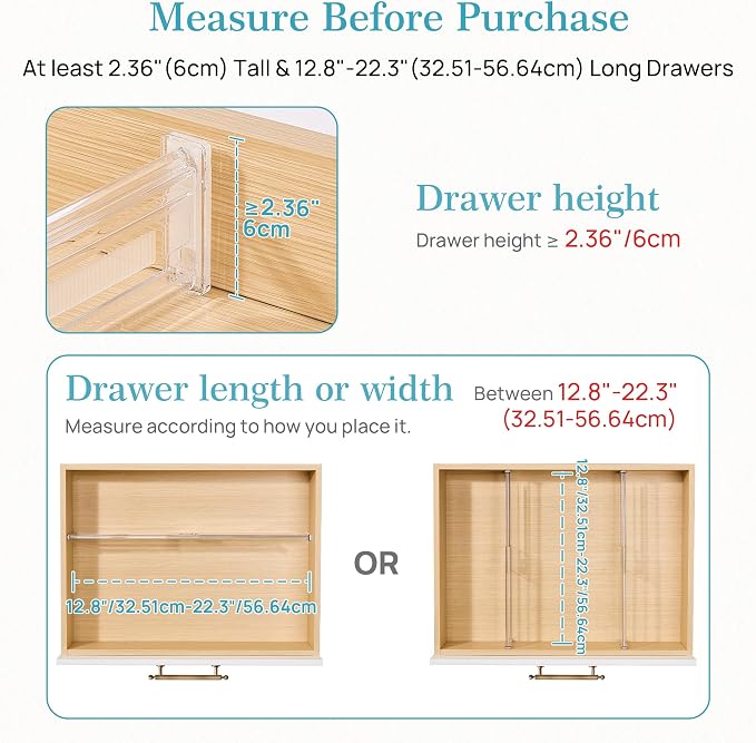 Vtopmart 2.36" Drawer Dividers with Expandable Inserts, 12.8"-22.3", 6 Pack | Adjustable Kitchen Drawer Organizer, Clear Organizer Separator for Flatware, Utensil, Cutlery, 6 Dividers with 10 Inserts - Image 2