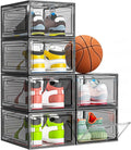 Sturdy Clear Shoe Organizer with Magnetic Door, Stackable Shoe Storage Box | Thick Plastic Shoe Storage for Sneakers & Boots, Collapsible Closet Shoe Rack and Clear Shoe Box, 6 Pack Black by 7+code