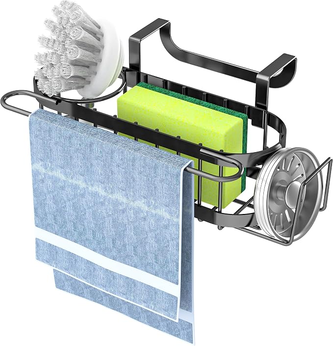 Cisily Kitchen Sink Caddy Sponge Holder in The Sink, Stainless Steel Kitchen Sink Organizer, Brush Holder, Dish Cloth Hanger, Sink Stopper Holder (Hanging-Black) - Image 8