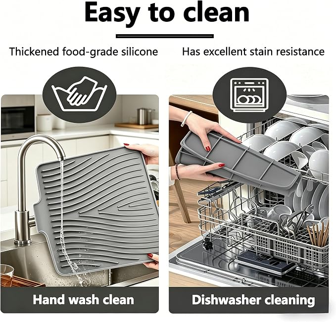 Silicone Dish Drying Mat,15.7"*13"Dish Drying Pad,Kitchen Accessories,with Built-In and Non-Slip Drain,Easy Clean, Fit for Kitchen, Bar, RV, Refrigerator and Drawer Liner, Grey - Image 5