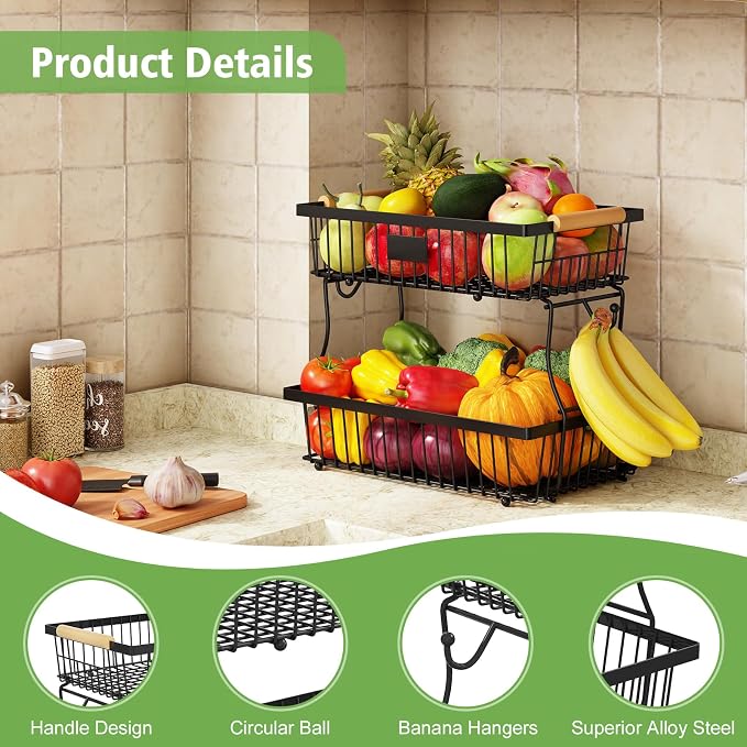 2 Tier Fruit Basket for Kitchen Counter with 2 Banana Hangers, Countertop Metal Bread Basket with Wooden Handle, Large Storage Stand for Vegetables, Snacks, Eggs, Produce Storage – Black - Image 5