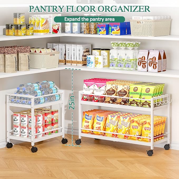 2-Tier Expandable Rolling Pantry Cart with Wheels, Adjustable Floor Organizer for Kitchen Pantry, Can Organizer for Pantry, Storage Cart for Snack, Food, Vegetables, White, Patent Pending - Image 4